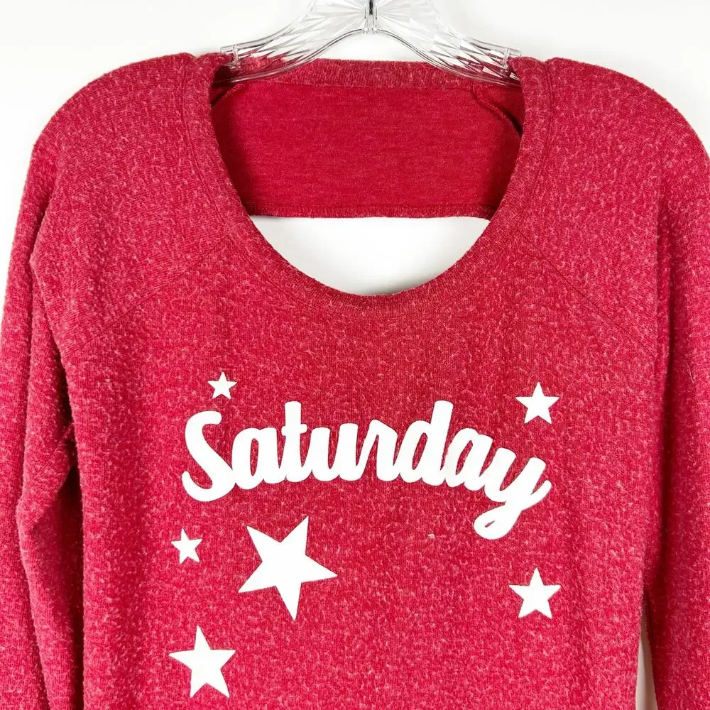 Chaser Saturday Red White Graphic Open Back Long Sleeve Top Womens Size XS - Picture 4 of 12